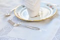 Dessert set: porcelain plates with silver cutery and lace napkin