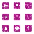 Dessert shop icons set, grunge style