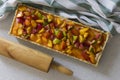 Dessert, shortcrust pastry pie with cottage cheese and summer fruits, figs, peaches, apricots Royalty Free Stock Photo