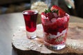 Dessert of soy yogurt and oatmeal, strawberry juice and fresh strawberries on a wooden tray, Royalty Free Stock Photo