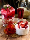 Dessert of soy yogurt and oatmeal, strawberry juice and fresh strawberries on a wooden tray, Royalty Free Stock Photo