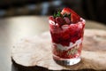 Dessert of soy yogurt and oatmeal, strawberry juice and fresh strawberries on a wooden tray, Royalty Free Stock Photo