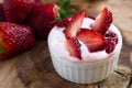 Dessert of soy yogurt and oatmeal, strawberry juice and fresh strawberries on a wooden tray, Royalty Free Stock Photo