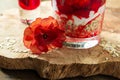 Dessert of soy yogurt and oatmeal, strawberry juice and fresh strawberries on a wooden tray, Royalty Free Stock Photo