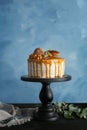 Dessert stand with delicious caramel cake