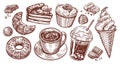 Cup tea, cake, donut, cola, ice cream cone, chocolate candy, coffee sketch. Dessert, sweet food set retro illustration