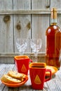 Dessert sweet liqueur wine, two cups with espresso coffee and am Royalty Free Stock Photo