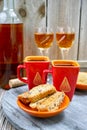 Dessert sweet liqueur wine, two cups with espresso coffee and am Royalty Free Stock Photo