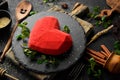 Dessert. Sweet red cream cake in the form of heart. Sweets. Royalty Free Stock Photo