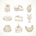 Dessert Sweets Hand Drawn Doodle Vector Illustrations Set. Cakes, Donut, Ice Cream, Macarons and Croissant Buns