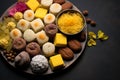 Dessert symphony Indian sweets presented in a tempting flat lay arrangement