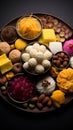Dessert symphony Indian sweets presented in a tempting flat lay arrangement