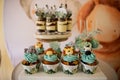 Dessert table for a party. Candy bar. Rich thematic wedding candy bar high variety of sweets Royalty Free Stock Photo