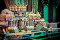 Dessert table for a party. Candy bar. Rich thematic wedding candy bar high variety of sweets Royalty Free Stock Photo