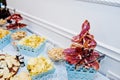 Dessert table of delicious snacks on wedding reception Royalty Free Stock Photo