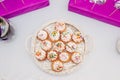 Dessert table at kids birthday party. Cake, candies, marshmallows, cakepops and other sweets Royalty Free Stock Photo