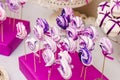 Dessert table at kids birthday party. Cake, candies, marshmallows, cakepops and other sweets Royalty Free Stock Photo