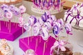 Dessert table at kids birthday party. Cake, candies, marshmallows, cakepops and other sweets Royalty Free Stock Photo