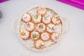 Dessert table at kids birthday party. Cake, candies, marshmallows, cakepops and other sweets Royalty Free Stock Photo