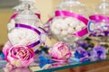 Dessert table at kids birthday party. Cake, candies, marshmallows, cakepops and other sweets Royalty Free Stock Photo