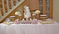 Dessert table for a party,Beautiflu wedding cake at wedding party at night Royalty Free Stock Photo
