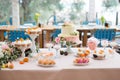 Dessert table for a party. Cake, cupcakes, sweetness and flowers Royalty Free Stock Photo