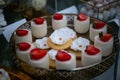 Dessert table for a party Candy bar. Rich thematic wedding candy bar, high variety of sweets