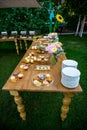 Dessert table for a party Candy bar. Rich thematic wedding candy bar, high variety of sweets