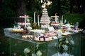 Dessert table for a party Candy bar. Rich thematic wedding candy bar, high variety of sweets