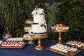 Dessert table with two tiered cake at wedding reception or party Royalty Free Stock Photo