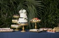 Dessert table with two tiered cake at wedding reception or party Royalty Free Stock Photo