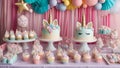 A dessert table with unicorn-themed treats for a little girls birthday party. cake and cupcake unicorns