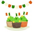 Dessert of three cupcakes decorated with the flag of Ireland, an illustration for St. Patrick`s Day. Vector cartoon illustration