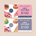 Dessert voucher design with bread, strawberry tart, sandwich watercolor illustration