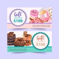 Dessert voucher design with chocolate cake, strawberry tart watercolor illustration Royalty Free Stock Photo