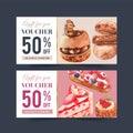 Dessert voucher design with chocolate cake, strawberry cake watercolor illustration Royalty Free Stock Photo