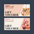 Dessert voucher design with sandwich, tart, strawberry cake watercolor illustration