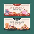 Dessert voucher design with teapot, choux cream, cookie, macarons watercolor illustration