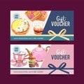 Dessert voucher design with teapot, cookie, macarons watercolor illustration