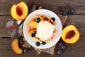 Dessert waffle with vanilla ice cream, peaches and blueberries with frame of ingredients on rustic wood