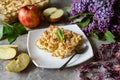 Dessert for the whole family: apple cobbler on a white plate. A piece of apple pie for breakfast. Close-up Royalty Free Stock Photo