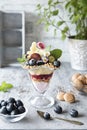 Dessert withl with berries and antique spoon on a retro background on a retro background Royalty Free Stock Photo