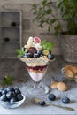 Dessert withl with berries and antique spoon on a retro background on a retro background Royalty Free Stock Photo