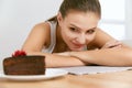 Dessert. Woman Eating Chocolate Cake Royalty Free Stock Photo