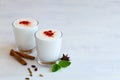 Dessert, yogurt with probiotics on the table.Lassi drink with red pepper and fresh green mint