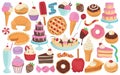 Collection of colorful cartoon illustrations of various desserts and treats. Isolated hand drawn vectors. Royalty Free Stock Photo