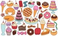 Collection of colorful cartoon illustrations of various desserts and treats. Isolated hand drawn vectors. Royalty Free Stock Photo
