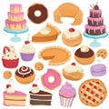 Collection of colorful cartoon illustrations of various desserts and treats. Isolated hand drawn vectors. Royalty Free Stock Photo