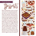 Desserts banner, chocolate and fruit fondue, candies or sweets and cupcakes