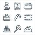 Desserts candies line icons. linear set. quality vector line set such as banana split, lollipop, macarons, candies, candy cane,